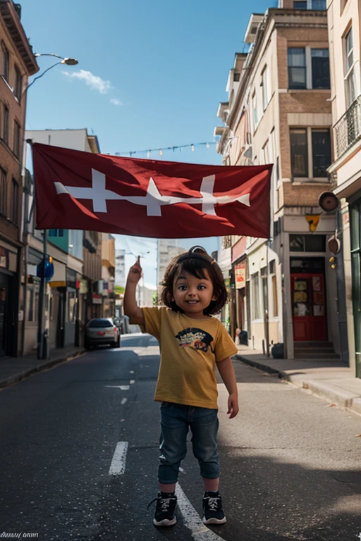 A  tunisian child standing in the center of Duisburg's city holding a small pole with a small Tunisian flag and a another small pole with a small German flag. The child is smiling, and the background features the vibrant architecture and lively streets of Duisburg. The scene is set on a sunny day, capturing a sense of cultural pride and unity.