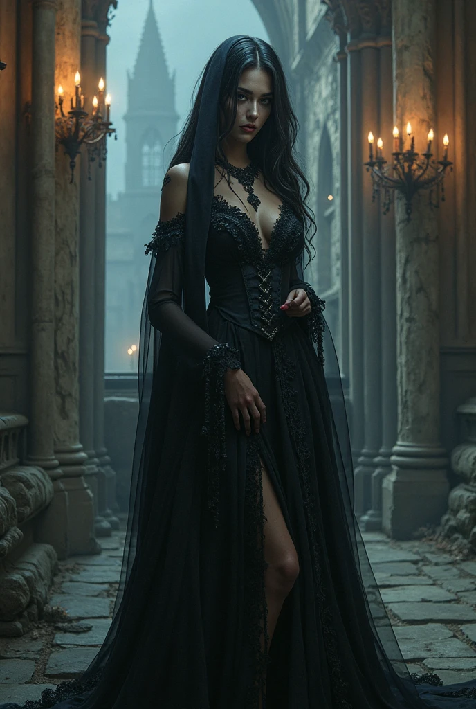A black Brazilian woman in her 40s with long hair in a cemetery dressed in purple and black period dress. With a black cat.