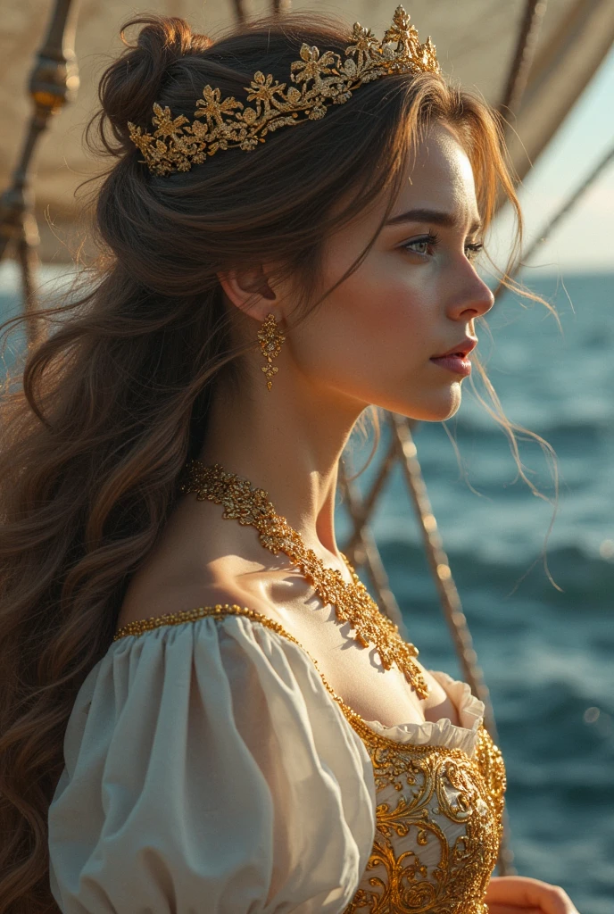 realistic oil painting, She is Russian,  porcelain skin.  A woman with long brown hair ,  has a fairy hairstyle ,  and wears a golden moon-shaped coyar, has brown eyes,  wears a gold and white dress. He is 19 years old, She is beautiful,  she is in a gold-colored palace with white it is night . He's amazed and crying with one hand in his mouth, She is on a balcony ,  in a fairy palace .The mysterious voyage of a beautiful pirate captain,wooden sailboat rocking in the waves,The waves and blue sky shine in the morning sun,brave female captain standing at the head of the boat,A charming expression and a fearless smile,4k high resolution ,realistic,professional in dim light,Fine details,HDR,bright colors,Similar to bokeh effect