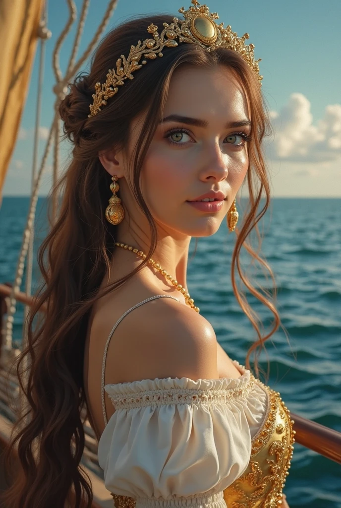 realistic oil painting, She is Russian,  porcelain skin.  A woman with long brown hair ,  has a fairy hairstyle ,  and wears a golden moon-shaped coyar, has brown eyes,  wears a gold and white dress. He is 19 years old, She is beautiful,  she is in a gold-colored palace with white it is night . He's amazed and crying with one hand in his mouth, She is on a balcony ,  in a fairy palace .The mysterious voyage of a beautiful pirate captain,wooden sailboat rocking in the waves,The waves and blue sky shine in the morning sun,brave female captain standing at the head of the boat,A charming expression and a fearless smile,4k high resolution ,realistic,professional in dim light,Fine details,HDR,bright colors,Similar to bokeh effect