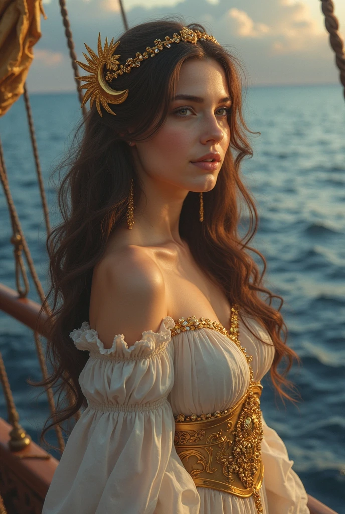 realistic oil painting, She is Russian,  porcelain skin.  A woman with long brown hair ,  has a fairy hairstyle ,  and wears a golden moon-shaped coyar, has brown eyes,  wears a gold and white dress. He is 19 years old, She is beautiful,  she is in a gold-colored palace with white it is night . He's amazed and crying with one hand in his mouth, She is on a balcony ,  in a fairy palace .The mysterious voyage of a beautiful pirate captain,wooden sailboat rocking in the waves,The waves and blue sky shine in the morning sun,brave female captain standing at the head of the boat,A charming expression and a fearless smile,4k high resolution ,realistic,professional in dim light,Fine details,HDR,bright colors,Similar to bokeh effect