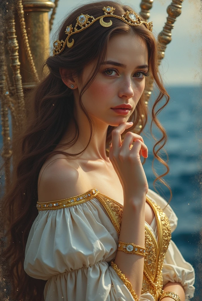 realistic oil painting, She is Russian,  porcelain skin.  A woman with long brown hair ,  has a fairy hairstyle ,  and wears a golden moon-shaped coyar, has brown eyes,  wears a gold and white dress. He is 19 years old, She is beautiful,  she is in a gold-colored palace with white it is night . He's amazed and crying with one hand in his mouth, She is on a balcony ,  in a fairy palace .The mysterious voyage of a beautiful pirate captain,wooden sailboat rocking in the waves,The waves and blue sky shine in the morning sun,brave female captain standing at the head of the boat,A charming expression and a fearless smile,4k high resolution ,realistic,professional in dim light,Fine details,HDR,bright colors,Similar to bokeh effect