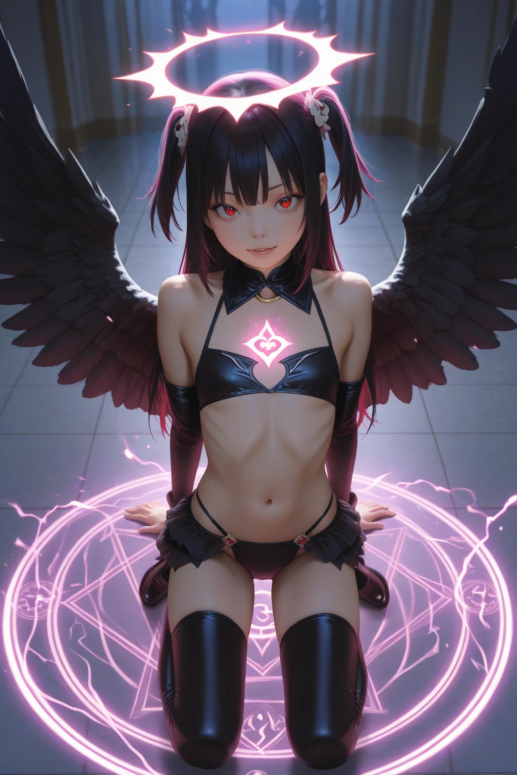 Beautiful girl,Korea, sitting among red light neon,
1,Short hair, shoulder length,black hair, medium breasts,wet, sweat, camel toe, red lips ,Wear glasses,
White mini underwear, sexy pose,
red eyes, spread your legs, กางเกงใน girl, baby face, คลาน, หันก้นมาด้านหน้า,
Two horns and a red demon tail, slim, angel wings,
