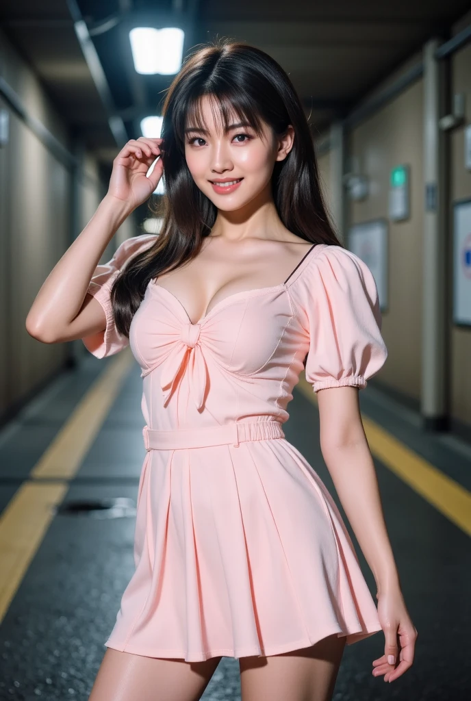 (RAW photo, highest quality), (realistic, Photoreal:1.3),highest quality,very detailed,table top,Super detailed,shape,1 girl,upper_body,dynamic angle,world masterpiece theater,Messy_length_hair,highest quality,very detailed CG Unity 8K 壁紙,pitch black,wonderful,cinematic lighting,lens_flare,very detailed、((Euphoric look))、((orgasm:1.2))、((smile:1.15))、((sweating:1.4))、((translucent:1.55、肌に吸い付く襟付きでbodyのシルエットを美しく見せるセーラー服型ボディスーツ.:1.6))、Pink and red、ribbon、Sailor Hut、double ruffle garter、super cute girl、10th generation、Part of an idol group、(((Concert「ザ☆ピ〜s!」dancing)))、(spread your legs wide), (Pull your hips back), (Arch the upper body), and place your left hand on your hip.、Right hand salutes with two fingers、hairが動いている、spotlight of、professional lighting、cinematic light、Three-dimensional、viewer&#39;perspective、視聴者のperspective、