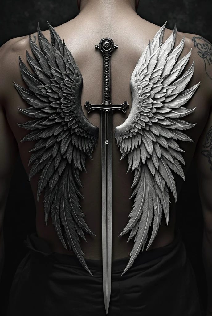 Back tattoo Angel wings with swords in the middle