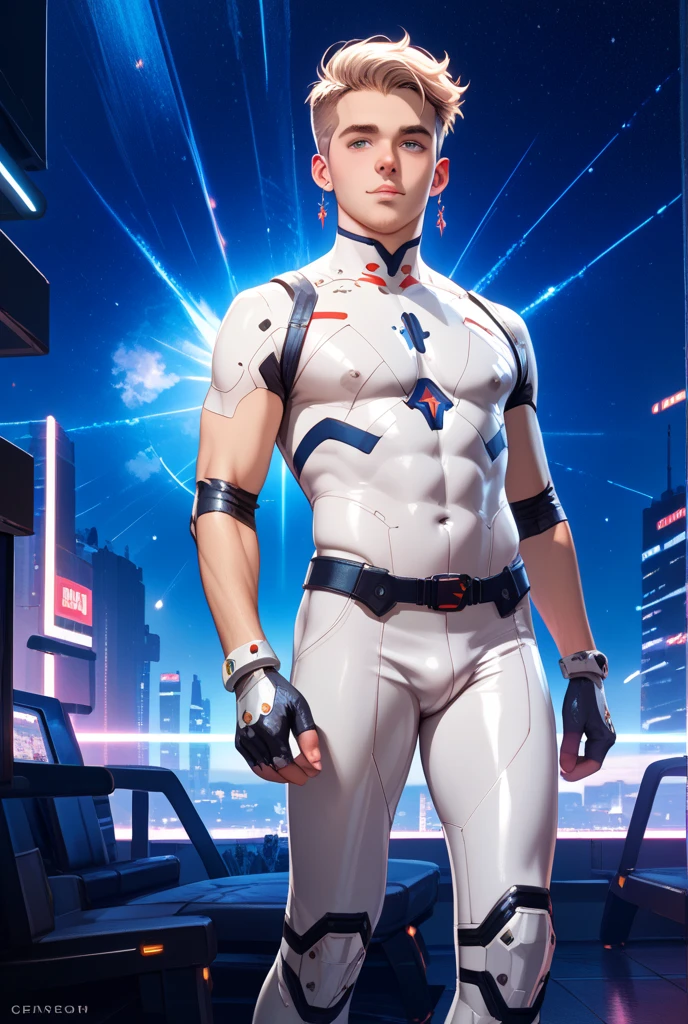 Handsome 20 year old cyborg Brown Eyes future universe Science fiction The background is a bedroom in a spaceship and there is a naked woman A very tight white and blue rubber suit Plug Suit Gloves looking at the camera White bulge Big chest muscles Narrow waist Big hips Very short black hair with bang Male slim muscular man Big bulge Big ass Big, long cock