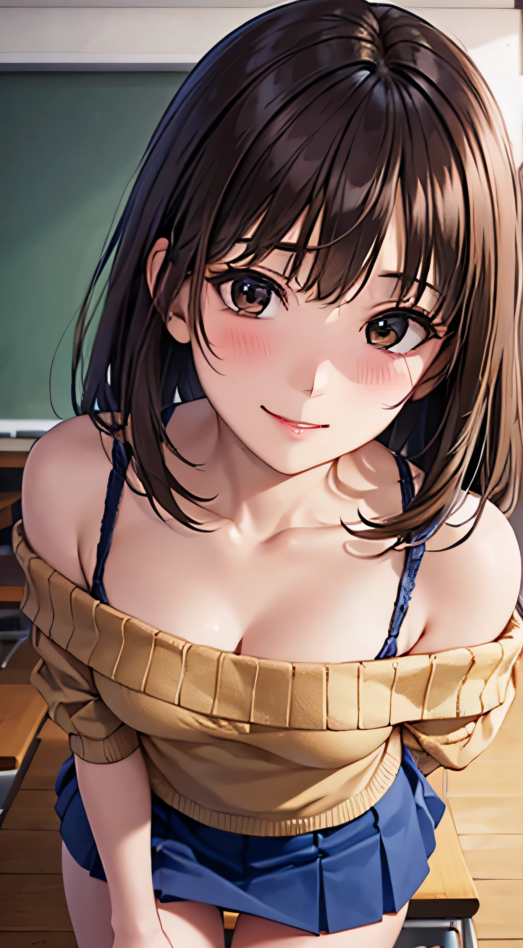 ((table top, highest quality, High resolution, nffsw, perfect pixel,  4K, nffsw, nffsw))), 1 girl, single, alone, beautiful woman、I could see the whole body、 ((middle wavy hair, bangs, brown hair)), ((brown eyes, beautiful eyelashes, realistic eyes)), ((detailed face, blush:1.2)), ((smooth texture:0.75, realistic texture:0.65, realistic:1.1, Anime CG style)), medium breasts, dynamic angle, perfect body,  off shoulder、school uniform, open jacket,cleavage exposure、The belly button is visible、 City staircase、Angle looking up from the bottom of the stairs、Very embarrassing panic smile, leaning forward、peering down from the top of the stairs、Light blue floral lace panties、The wind flipped up my skirt、