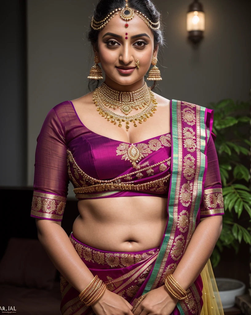 Foto RAW, photorealistic, photography, full body shot, master shot, perfect eyes, goddess like beauty, pierced eyes, perfect thick chubby mallu Desi aunty bhabhi, Wearing a Stanapatta, a chest-band.Saree model, model Photography, Indian saree shoot, Indian traditional wear advertising photography, traditional wear brand shoot, face of Indian actress Sonakshi Sinha, masterpiece, realistic, realism, incredible details,  pleasure, photorealism, detailed skin, skin pores, high contrast, photorealistic Artstation 8k HD digital art trend of high definition and detailed realistic skin texture, ultra detail, realistic skin texture, armature, best quality, ultra high definition, (photorealistic:1.4),, high resolution, detail, raw photo, sweat, Re sharp, by Lee Jefferies Nikon D850 Film Stock Photo 4 Kodak Portra 400 Camera F1.6 Lens Rich Color Ultra Real Realistic Realistic Textures Dramatic Lighting Unreal Engine Trending at Art Station Cinestill 800,(pele altamente detalhada: 1.2), 8k UHD, DSLR, soft-lighting, alta qualidade, grain of film, Fujifilm XT3,she didn't like to wear blouse or , she is happy to wear only saree, she hates blouse or , detailed hairy armpits, hyper realistic skin, skin pores, sweat, veins, 