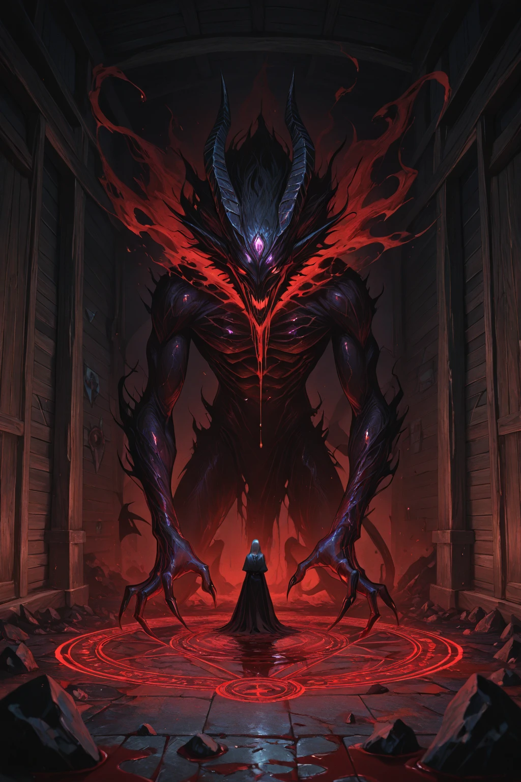(Highest quality,4K,High resolution,masterpiece:1.2),Very detailed,Realistic:1.37,Spooky altar background,Dark fantasy,Red color scheme,Ominous atmosphere,Eye-catching,Storytelling,anatomy,Anime Style,Concept Art,beautiful細部までこだわった顔と (((Red eyes ))),Not exposed,Don&#39;t show skin,The body is covered with clothing,Terrifying Ritual ,Long golden hair,Blonde Hair,disaster々New Tiara,Satanic Ritual,Untimely Death,Unjust act,Crazy Smile,Scythe Face,Girl Monster, beautiful, Delicate facial features, Sharp Eye, Sharp Fangs, Pale skin, Thick chain, Dark Background, Cinema Lighting, Dramatic Shadows, Gothic style, Gloomy atmosphere, Dark fantasy, One Girl, , Please open your mouth wide, Open your mouth and baring your teeth,Sharp teeth like a beast, Wide lips, very wide mouth, Vermilion cheeks, ,(Blood splatter:1.4),Scary smile, laugh at,Fallen angel design, Twisted smile、Bloodstained、bleeding from the head,,、Blood splatter、,(Blood splatter:1.4),Crossbones, skull,Horror Style, ((Fantasy Fallen Angel Costume)), ((flowing blonde hair)), ,(Blood splatter:1.4),Female curves, Sexy flat stomach, Perfect hands, Perfect anime face, ((White Lolita Dress)), Are standing, ((Wicked Smile)), ,(Blood splatter:1.4), Steam circulates, Moonlight Illumination, night lighting, disaster々new devil horns,,(Blood splatter:1.6),アニメFallen angel design, Twisted smile、Bloodstained、bleeding from the head,,、Blood splatter、,(Blood splatter:1.4),Crossbones, skull,Gothic architecture、Western architecture、Fantasy World、,Victorian cities, Skeleton Gaslight,