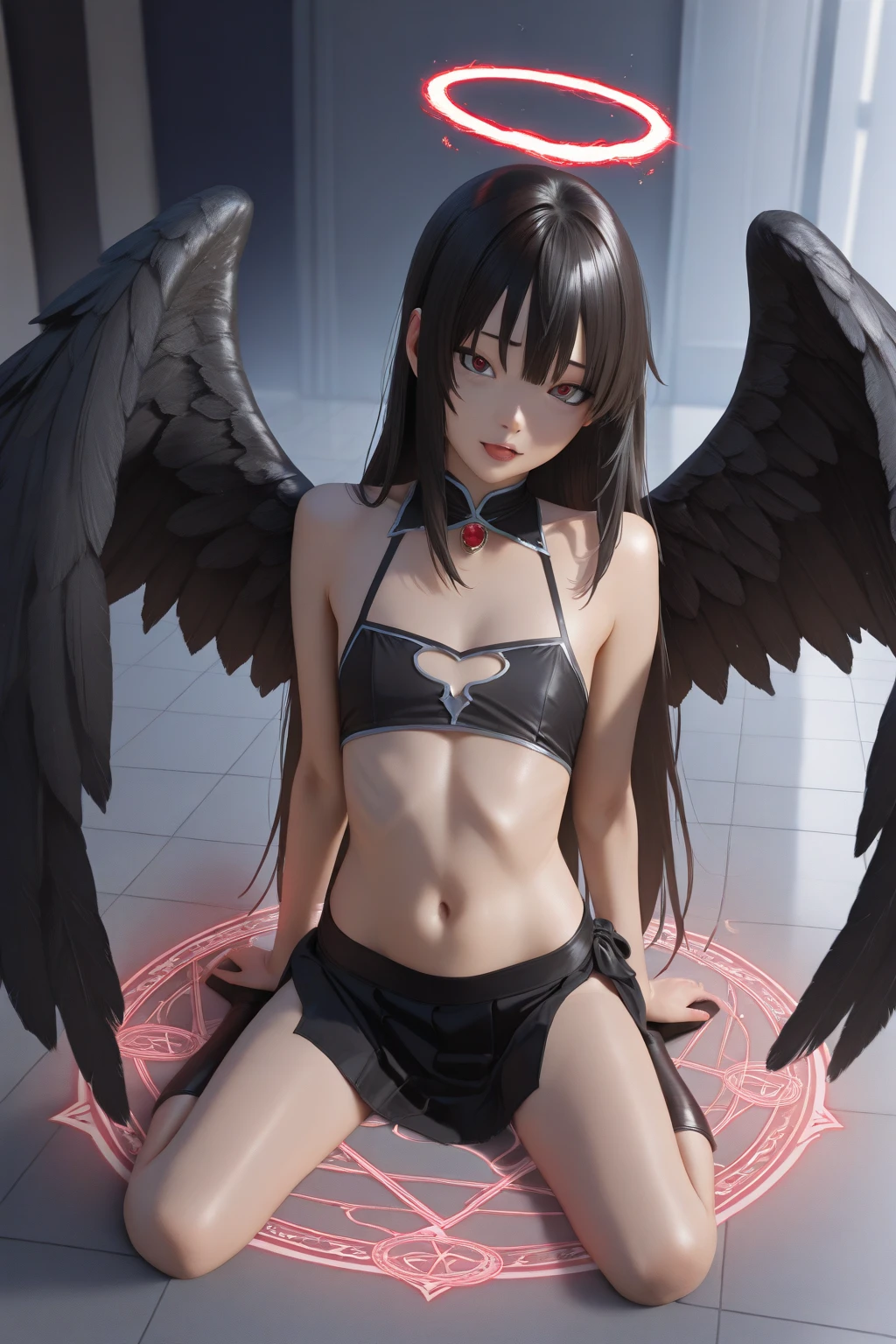 ​masterpiece、top-quality、hight resolution、8K、1beautiful girl、Wide Angle、from distance、full body Esbian、Front view、Harpy Girl、Harpy、long wings larger than the body、Spread white wings、Wings grow and approach the viewer..、natta、sitting on a small rock、I can&#39;I can&#39;t see the face in the silhouette、Only the eyes glow red、Looks like a silhouette because of the moon.&#39;Back lighting.、Mystical、Fantastical、