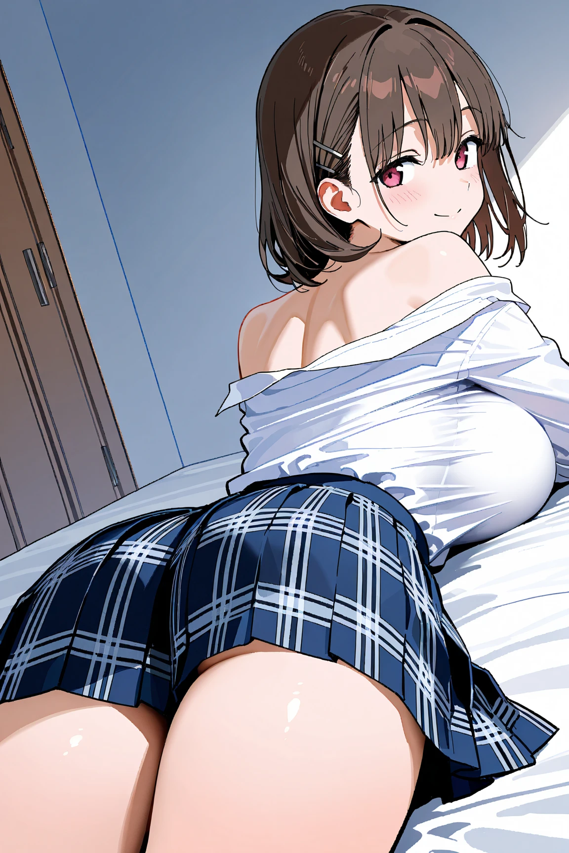 (masterpiece, expensiveest quality:1.2), 8K, Official Art, RAW Photos, Unbelievably absurd, ( expensive 、Pleated skirt:1.4), Has seven heads、A stunningly beautiful 16-year-old girl,(((close your eyesFace of ecstasy)))、(((close your eyes、A painful face with furrowed brows)))、(((Face of ecstasy)))、(((Lie on the bed with your legs spread)))、(((Lie on the bed with your legs spread)))、(((Detailed female genitalia、Clitoris minoris、The clitoris can be seen)))、(((Face of ecstasy)))、(((The front of the shirt is open、Beautiful breasts are visible)))、 (白地に黒のチェック柄のPleated skirt:1.1), close, , Short sleeve, No makeup,Bright bedroom、 Detailed eyes and face、Short hair with bangs、(((White skin)))、Bright bedroom、super slim texpensives、(((Spread your legs wide、Turn your crotch towards the viewer)))、 ((She takes off her panties while pulling them down., Pull Panties)),((((both hands)))),((((Very young looking girl:1.3))))、(Very young and big boobs:1.2)