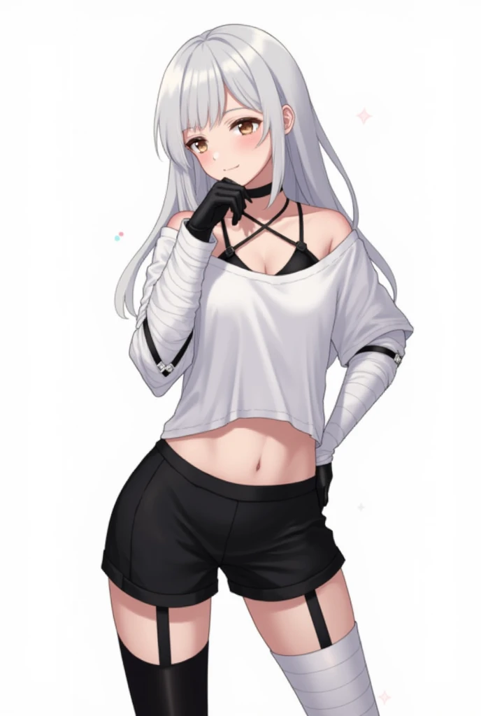 <lora:shiori_novella:0.8>, shiori_novella, 1girl, solo, long hair, breasts, looking at viewer, blush, bangs, simple background, shirt, black hair, hair ornament, white background, navel, bare shoulders, jewelry, medium breasts, closed mouth, collarbone, yellow eyes, white hair, grey hair, multicolored hair, cowboy shot, earrings, midriff, pants, necklace, stomach, two-tone hair, streaked hair, crop top, orange eyes, hand on hip, bare arms, black shirt, black pants, cross, cross necklace