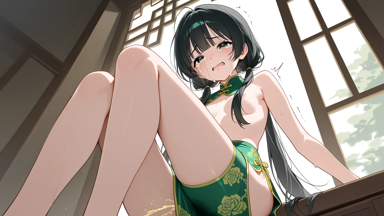 best quality,masterpiece,1girl,solo,(((NSFW))),(((9years old))),japanese girl,an extremely cute and beautiful girl,highly detailed beautiful face and eyes,petit,cute face,lovely face,baby face,shy smile,show teeth,black hair, twinTail hair,Hairless pussy,flat chest,skinny,slender,(((wearing a wet thiin green floral mini qipao))),(((standing in a Chinese Castle))),she is looking at the viewer,hands pull off clothes,(undress:1.1),(no panties:1.1),(legs spread wide:1.1),(no bra:1.1)