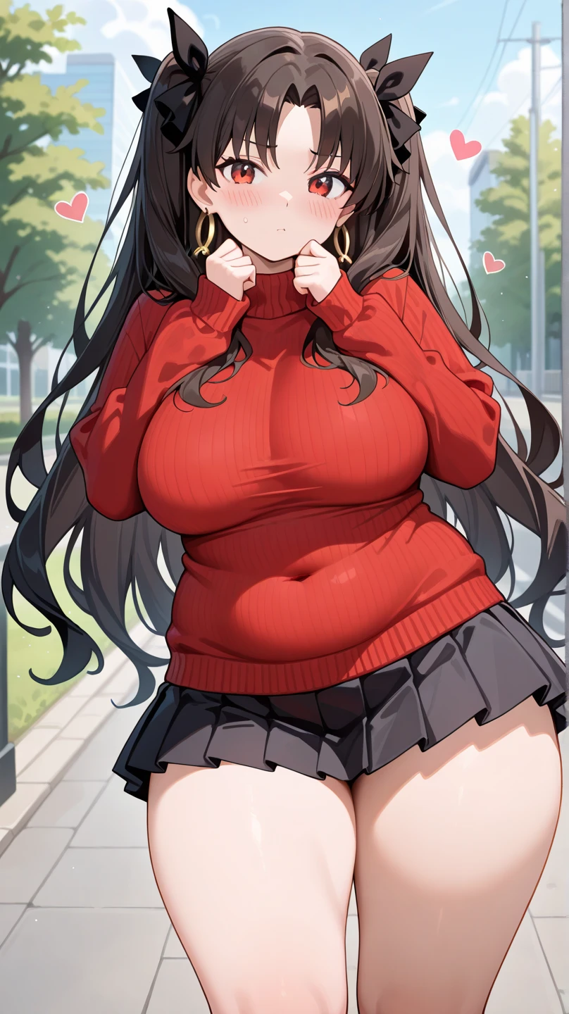 ((kipteitei art)), ((masterpiece)), (((best quality))), ((ultra-detailed)), (((illustration))), detailed face, ultra cute face, detailed body, ((1girl)), ((solo)), ((Rin Tohsaka)), aqua eyes, black hair, hair ribbon, long hair, ribbon, sidelocks, black thighhighs, long sleeves, (undersized skirt), miniskirt, pleated skirt, red sweater, skirt, sweater, turtleneck, cute, cute pose, looking at viewer, cowboy shot, tsundere, blush, annoyed, shy, (small breasts), perky breasts, thicc, she is bottom heavy, fat ass, ((wide hips)), (((thick thighs))), walking down the street, town,