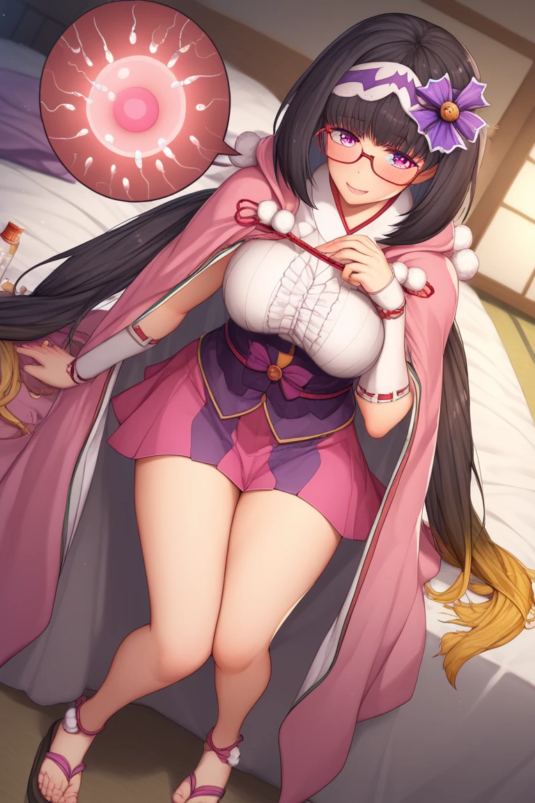 Full body girl, pregnant, cum on thighs, huge belly, cum on belly, huge breasts, cum on breasts, lactation, lactation through clothes, yellow eyes, glasses, shy, exhausted, earrings, hair ribbon, long hair, side ponytail, pink hair, tsundere, embarrassed, pout, visible belly, hands on belly, no bra, barefoot, traditional japanese clothes, best quality