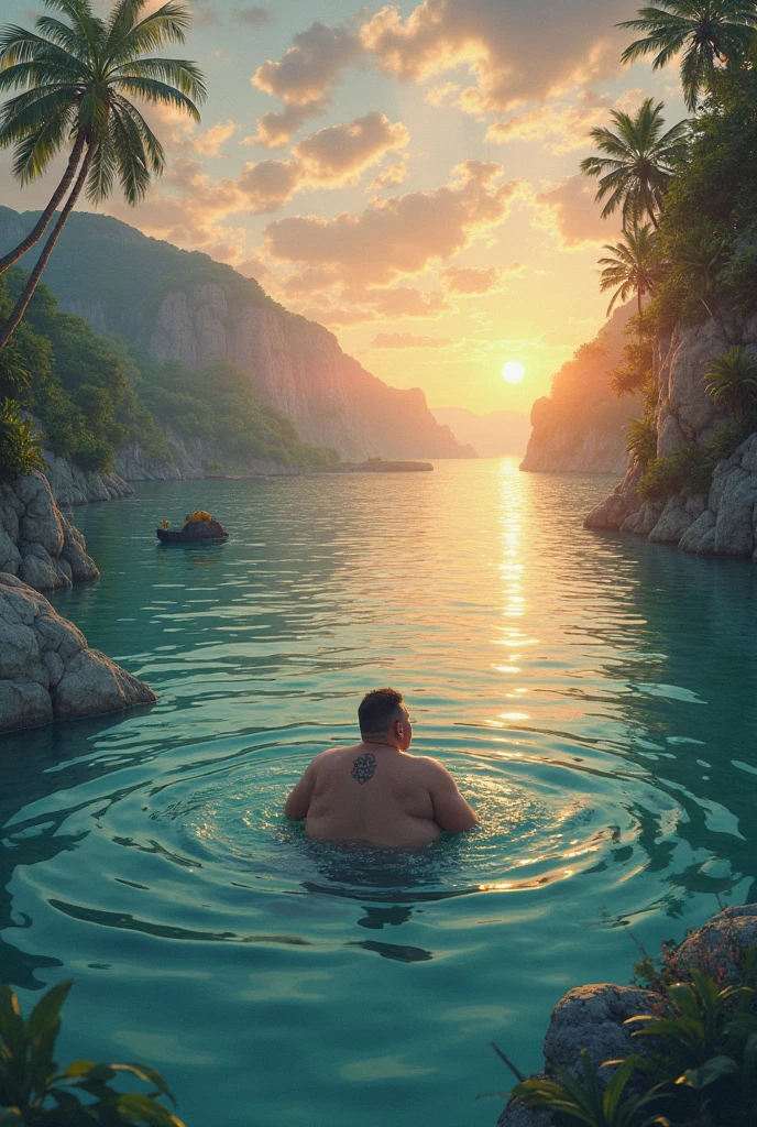 a handsome Indonesian man, slightly chubby, is soaking in a pool in a stunning tropical paradise. There is a pristine turquoise lagoon among large, smooth rocks. Lush greenery and stunning tiarea flowers add to the exotic atmosphere. A soft bath towel embroidered with the name "Nusantara" is nearby. Colorful cocktails with mini umbrellas placed on wooden blocks. A gentle waterfall flows into the lagoon, creating a soothing harmony of sound. An open-air bamboo pavilion with a thatched roof provides a shaded retreat, offering stunning views of the swimming pool and the vibrant exotic jungle beyond. The atmosphere is filled with the soothing sound of flowing water and the alluring aroma of tropical flowers, creating a beautiful setting for the name "IRAWAN".