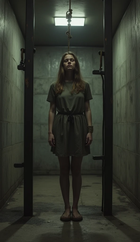 Girl with a blindfold , missing legs and arms , She has shackles around her neck that stretch to the wall of the prison cell , She is wearing torn clothes , there are spiders crawling around her , gloomy atmosphere