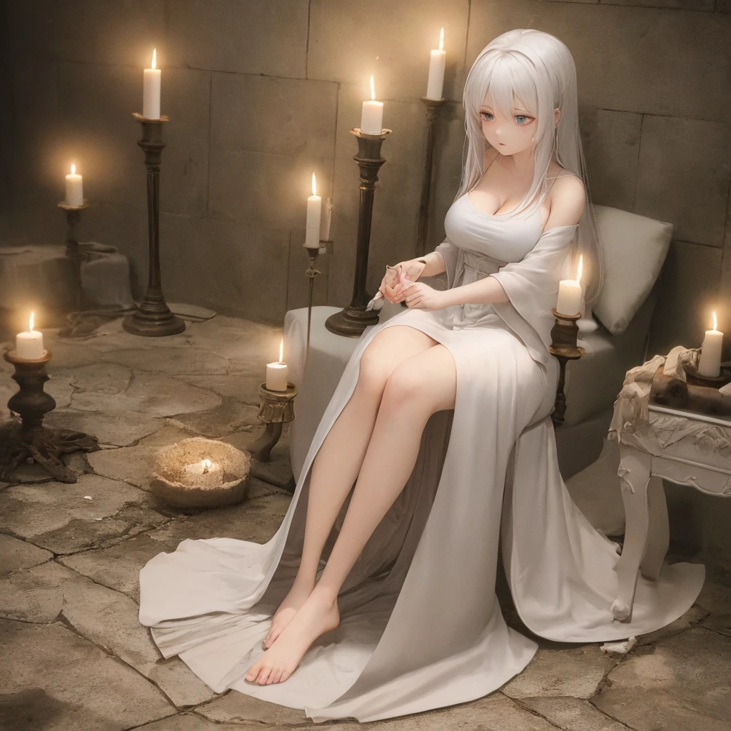 witch, visage magnifique, detailed face, yeux bleus, very pale, emaciated, folle, lying in a coffin