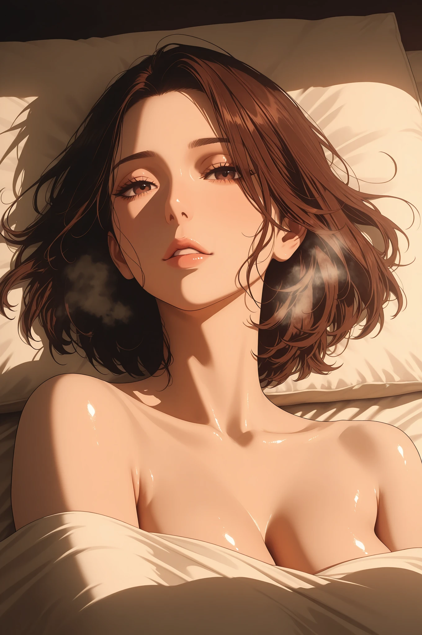 a hyper-realistic portrait of a young woman, under a tree, inside a forest, in the middle of nature, 22 years old, realistic, (lying on her side), sexy, (huge breasts 2:1), short brown hair, (hair tied with bows), curved, SFW