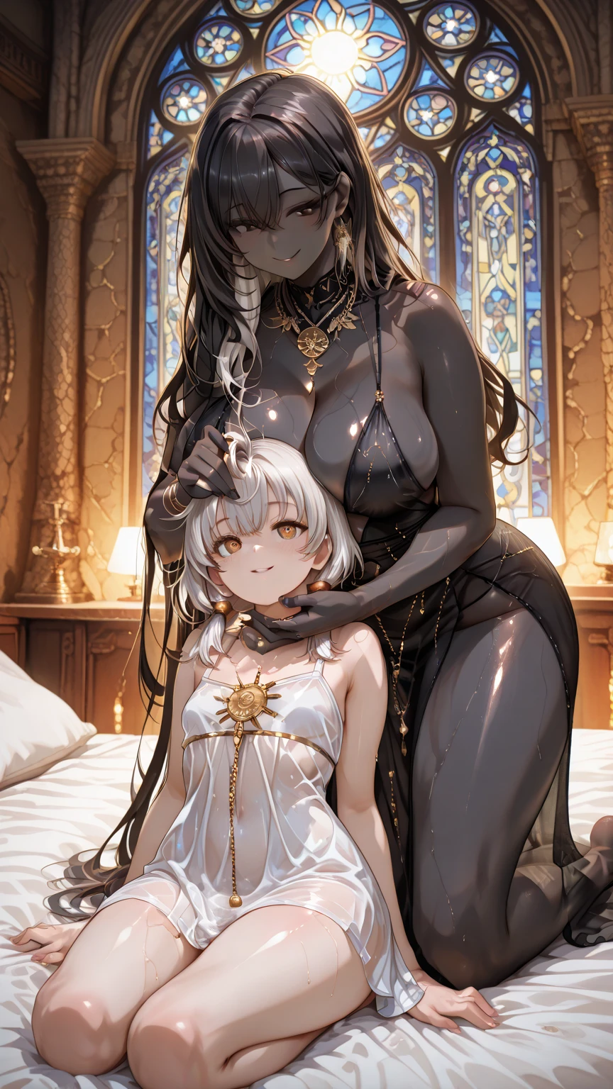 (((full-body view))), ((girl and man)), ((dark fantasy)),((handsome boy grabbing girls breasts from behind)), mature male, 30-ish, (wide shoulder), ((no chest hair)),man with short black Quiff hair with Soft Fringe (bangs part on side 3:7 ratio), blue eyes, upper body, short hair, looking at viewer, parted lips, round eyewear, wet hair, open black shirt, long sleeves, showing a bit of muscles,(( girl with wavy hair, pale skin, long light blond hair),((light blue eyes)), freckles,(girl 16 years old),erotic posing,Gothic background, Dark fantastic view,Best Quality,masutepiece,8K,The ultimate detailed dark background, Top image quality、RAW photography、超A high resolution,cropped shoulders, overall look is very erotic, model shoot, Large round chest, Beautiful Eyes of Details、Very slender eyes、Beautiful eyelashes、Very slim physique, with blush cheeks, bedroom background