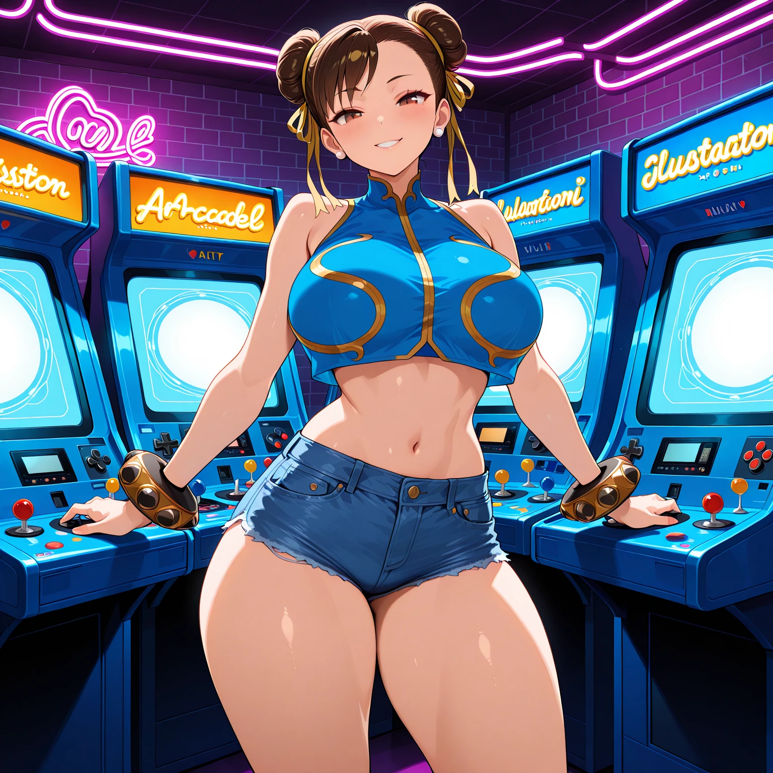 (masterpiece), best quality, expressive eyes, perfect face, Anime style, Anime poster, pinball machine, arcade, young little girl, huge breasts, short height girl, black-haired, twin Braided hairstyles, geek glasses, smiling