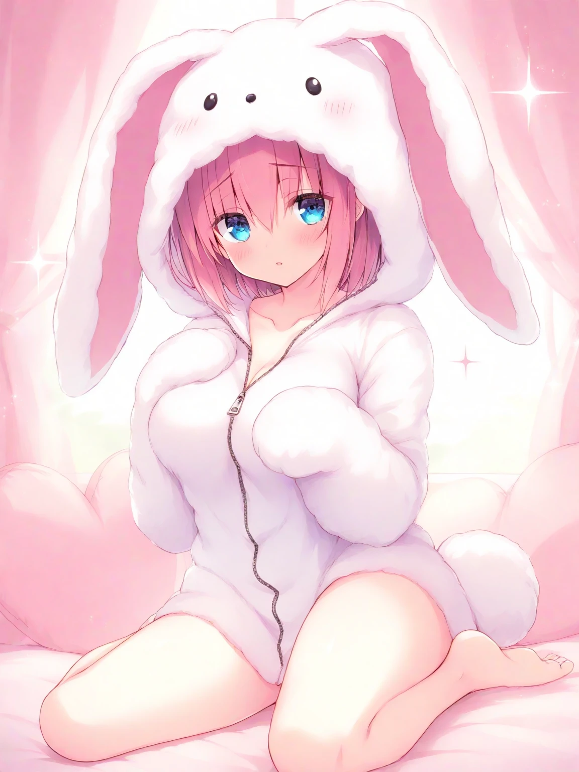 Pink and white furry girl voluptuous bunny rabbit ears sensual human sexy pose short hair anime cute sexy cartoon