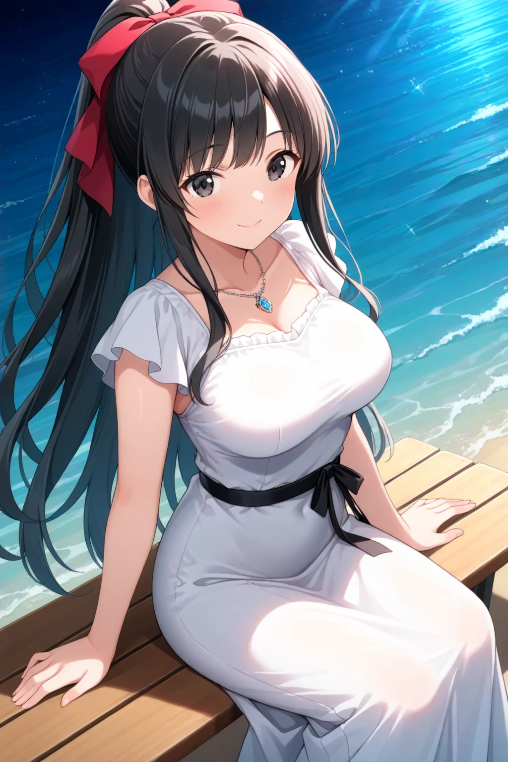 (masterpiece, Highest quality:1.2), Sharp focus,
Glowing Skin,
Shoko Ishida, Red eyes, Black Hair, Long Hair, drill sidelocks,
A day at the park: Sundress, Straw hat, Sandals.,
smile, Large Breasts, Completely naked、Nipples、
(A futuristic casino with holographic dealers and interactive games.:0.7),
