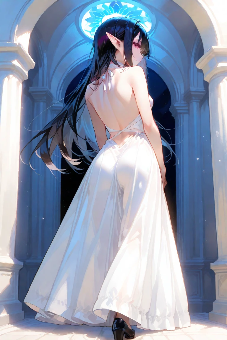 Beautiful, majestic, melancholic, en face, woman, solo-girl, long black hair, pale white skin, (blue eyes:1.3), narrow eyes, sly smile, (completely naked:1.1), (black and white veil:1.3), sitting on a stone pillar, dark ancient temple in background, rays of moonlight