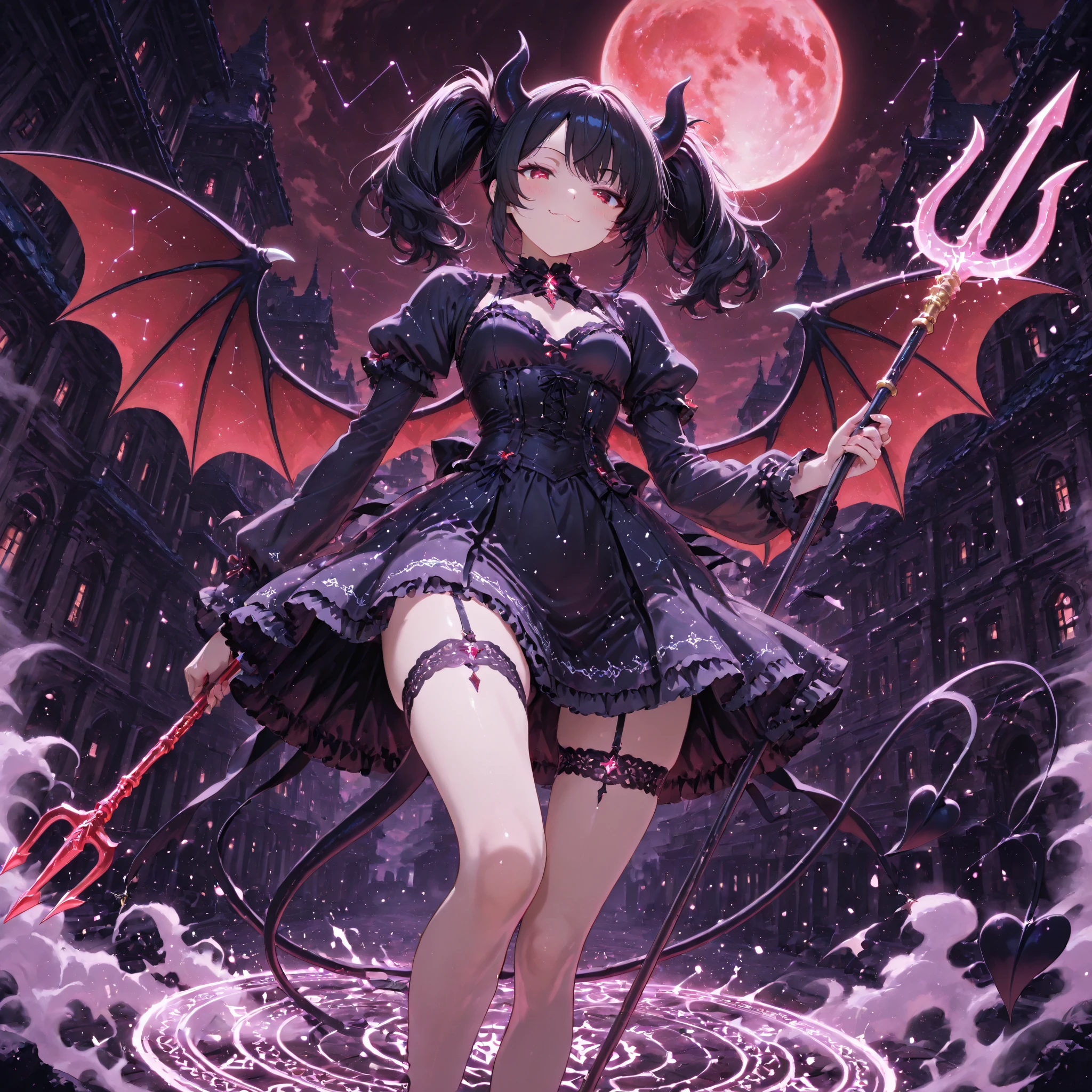 masterpiece, highest quality, be familiar with, 1 girl, alone, night sky, full moon, performer, cloud, night,, dark sakura, (black dress), long hair, evil smile, red ribbon, striped, thighs big breasts succubus Left and right devil wings I have my hand on my chest cute expression