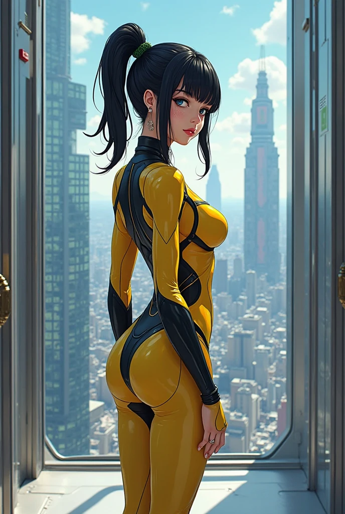 Highest quality, 8K, Highly detailed face and skin texture, Wearing an orange latex suit on a balcony at sunset、Big ass short hair asian girl, View your viewers, Back view, Sharp focus