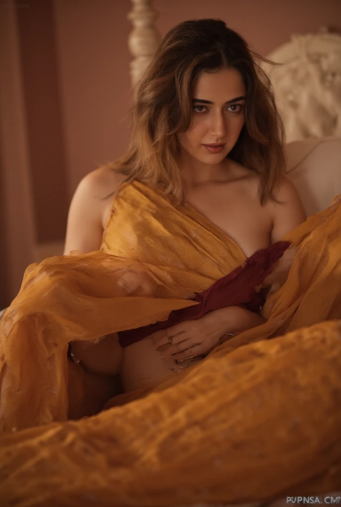 Beautiful painting of kajal in a sari with a necklace and earrings, beautiful thick figure, Thick curvy beauty, portrait of a beautiful goddess, topless, swooping breasts, brown nipples, indian goddess, traditional beauty, a stunning portrait of a goddess, inspired by kajal, indian art, indian goddess of wealth, portrait of a goddess