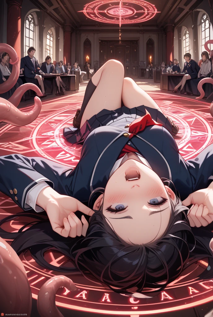 (tentacles, tentacle sex, fucked by tentacle:1.4), academic gown, academic robe, square cap, graduation ceremony, chapel, (1girl, solo), depth of field
