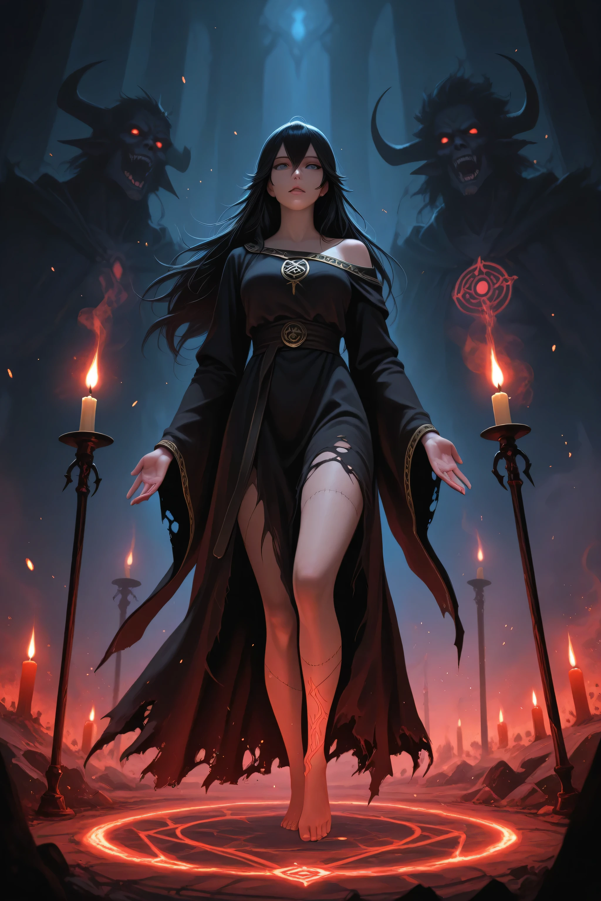 A mysterious and alluring young summoner, mid-ritual during a forbidden “Demon Calling” ceremony. She stands barefoot in the center of a scorched summoning circle etched into ancient stone, surrounded by flickering black candles. Her long, jet-black hair whips around unnaturally, eyes glowing faint red as infernal energy swirls around her. She wears a gothic ritual robe with torn edges and silver runes stitched along the seams, exposing one shoulder and part of her leg. Floating around her are arcane symbols burning in the air. Her expression is calm but intense—half-entranced, half-aware of the power she’s awakening. Behind her, a shadowy demonic figure begins to emerge from the void. Atmosphere: heavy with smoke, dim moonlight, and glowing embers.
Style: ultra-realistic or dark fantasy anime, dramatic lighting, mystical shadows, haunting elegance.