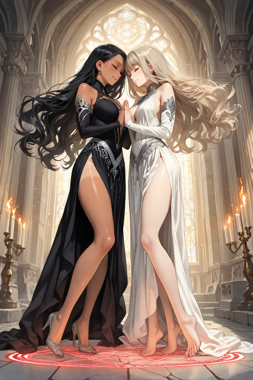 Two (((women))), (((lesbians)))), 2 barbaric warriors kissing madly, 2 beautiful full-body women, 30 years old, muscular and perfect bodies, with little clothes, tiny thong, super sensual scene