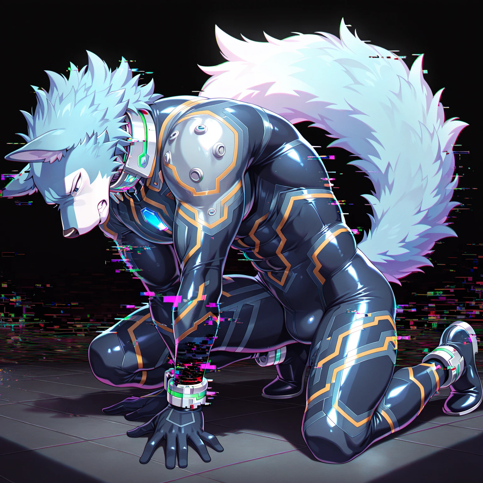 (best quality, masterpiece:1), furry male 1boy anthro angeldust, 4 arms, white striped suit, thigh boots, gold tooth, large chest fluff, choker, bowtie, looking at viewer, red gloves, grin, sharp teeth, bulge, pole dancing, club abstract spiderweb background,