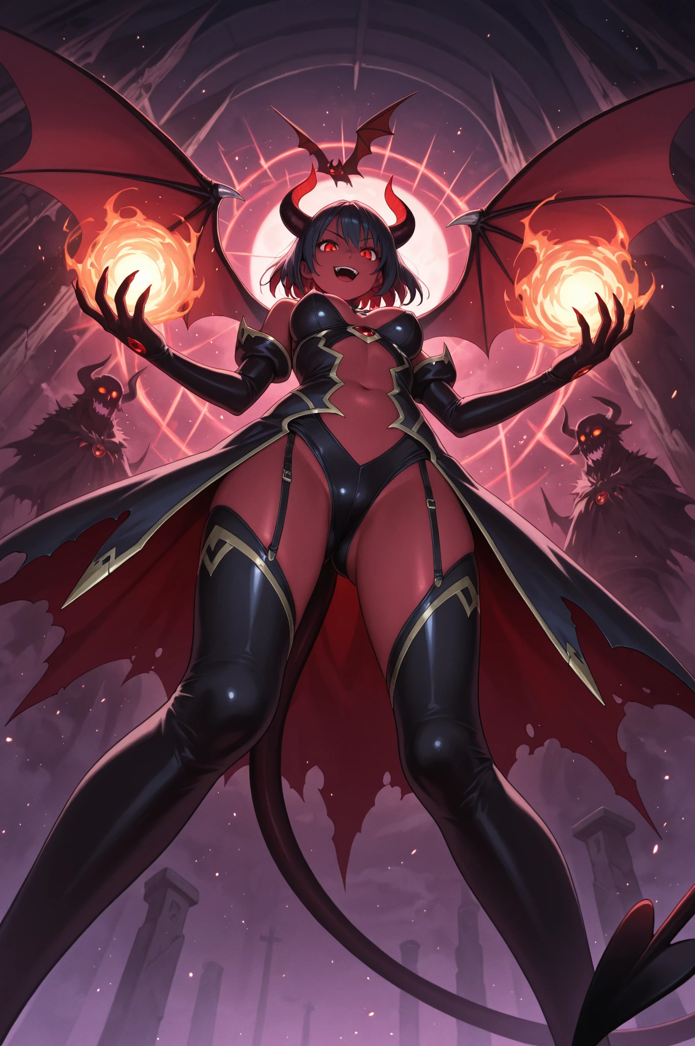 Lisa Ann as a hyper-giant, Hyper-powerful demon with a demon horn on its head and demon wings, and throws purple lightning bolts at a building, ville en ruine post apocalyptique,