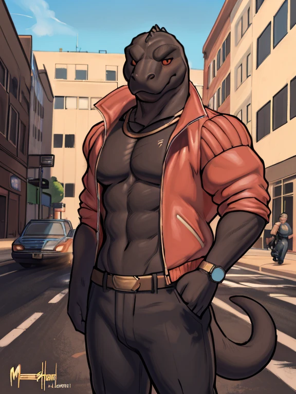 ((by Zackary911, by Meesh, by Meesh, best quality, masterpiece, perfect anatomy, detailed picture)), 1male, Komodo Dragon, Thunder (Fortnite), skinny muscle, adult, red sclera, black eyes, black scales, tail, red jacket, shirtless, gray pant, in the in the streets