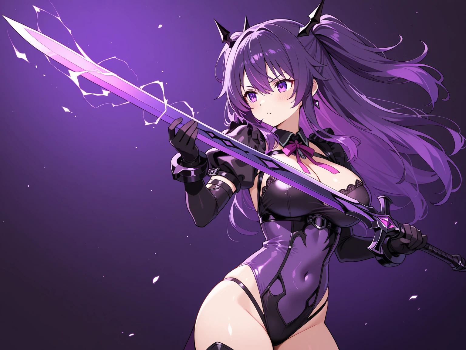 make a magic, in a sexy black outfit, with a staff of purple power, sexy clothes, sadomasochist, exhibitionist, showing the vagina