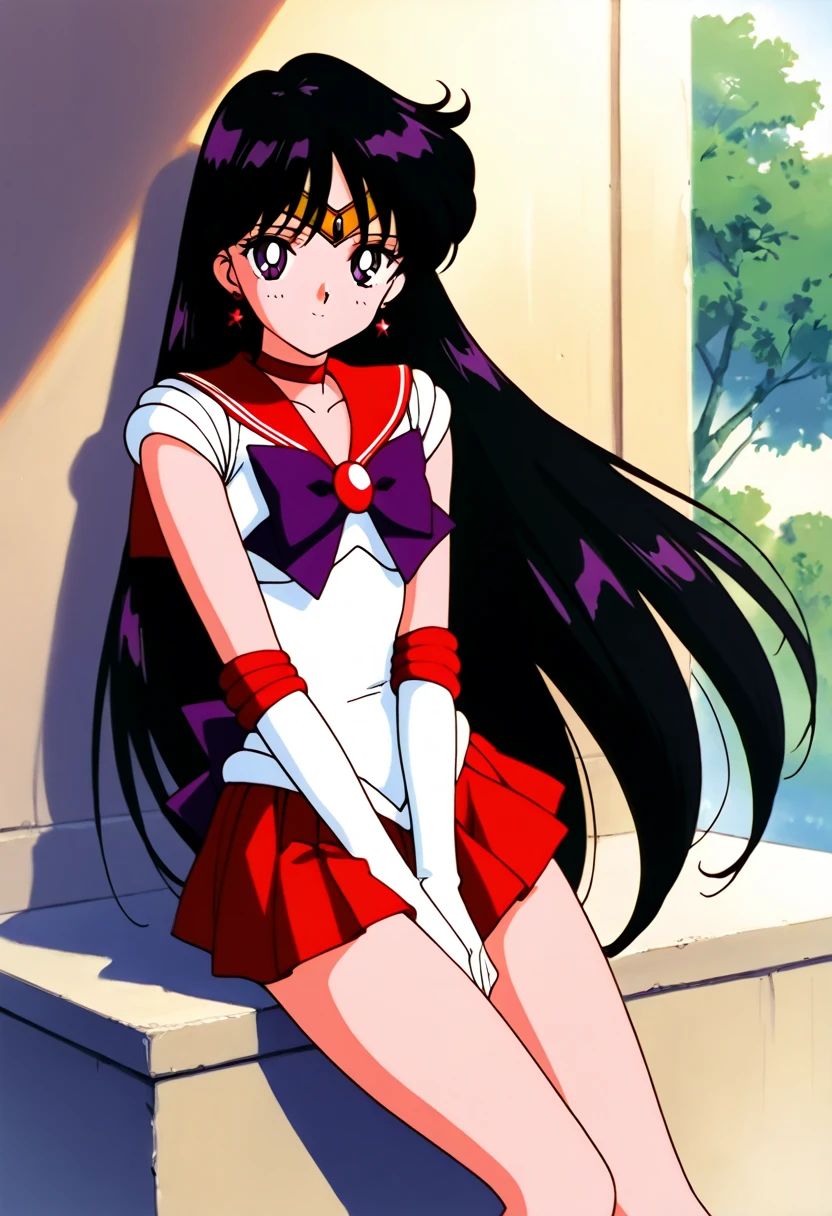 masterpiece, best quality, highres, sama1, tiara, sailor senshi uniform, white gloves, red sailor collar, red skirt, star choker, elbow gloves, pleated skirt, bare legs, purple bow, <lora:sailor_mars_v1:0.7>,1990s \(style\), smile,high heels,
