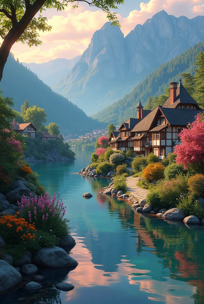  Small village by the river, mountains behind, colorful flowers, detailed landscapes, beautiful natural scenery, atmospheric lighting, scorching sunsets, warm colors, practical photography, detailed leaves, complex buildings, cobbled streets, charming country houses. Vivid colors, lush vegetation, reflection of water, ideal gorgeous pictures, 8k best quality artwork, very detailed, anime style