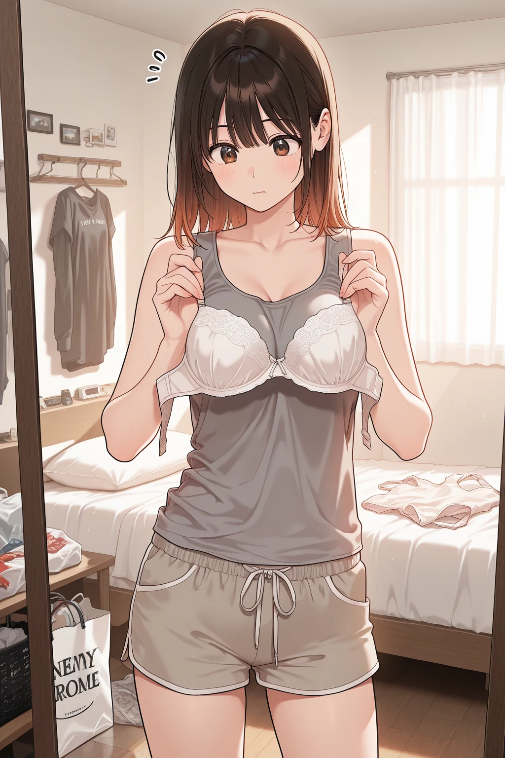 sparkle, underwear, 1girl, double_bun, bra, navel, white_bra, breasts, sonoda_chiyoko, sparkle_background, solo, panties, white_panties, blush, shirt_lift, clothes_lift, lace-trimmed_bra, brown_eyes, lifted_by_self, brown_hair, closed_mouth, bangs, shirt, looking_at_viewer, short_sleeves, medium_breasts, twintails, white_shirt, eyebrows_visible_through_hair, lace, lens_flare, stomach, lace_trim, blurry_background, lace-trimmed_panties, see-through <lora:style_GIn00:1>