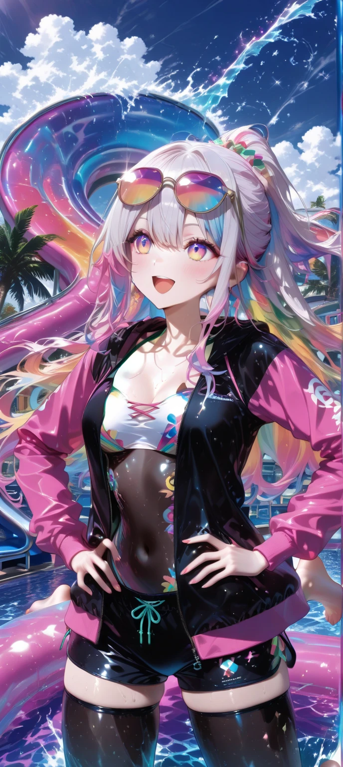 score_9, score_8_up, score_7_up, source_anime,masterpiece, best quality, high resolution, extremely detailed CG, absurdres, highres, 1girl, Shot of a futuristic cyberpunk beach scene at night. The subject, wearing a bikini and jacket combo with a glittery swimsuit underneath, strikes a pose close-up, looking directly at the viewer with a cheeky grin. A mecha arm and headgear adorn their body, with neon lights flashing beneath the surface. Sunglasses perch atop their head, reflecting the bright lights of the beach's neon decorations, ((beach)), neon punk, shiny, sexy body, large_breasts, sitting, (neon lights on swimsuit), ((vapor wave)), neondskdrmsxl,AissistXLv2