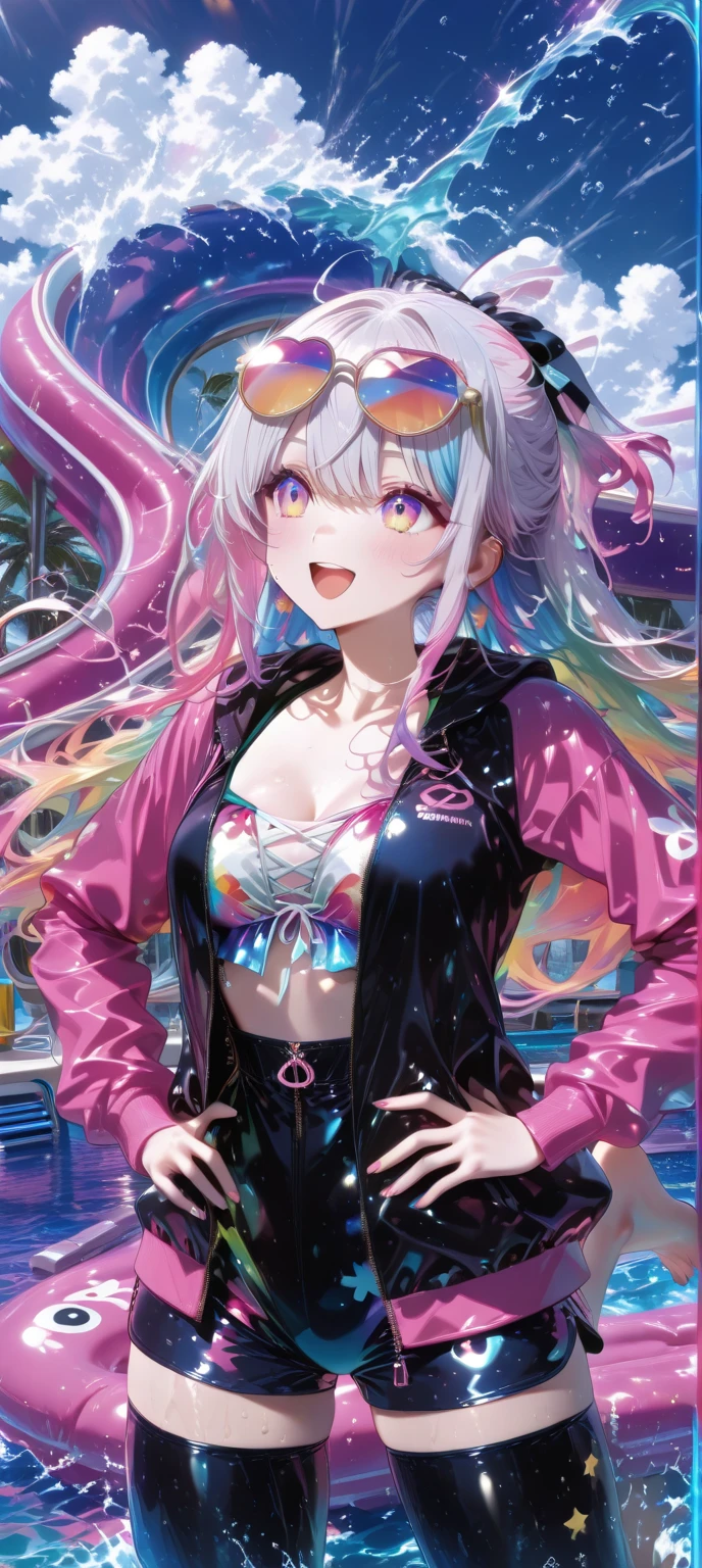 1girl, bright, light purple hair, light purple hair gradient pink hair, pink hair, twin tails, green eyes, double teeth, multicolored hair, saleme, head mask, side lights, light particles, wallpaper, plump, idle, swimsuit, loose fluffy, smile, gentle, clear,