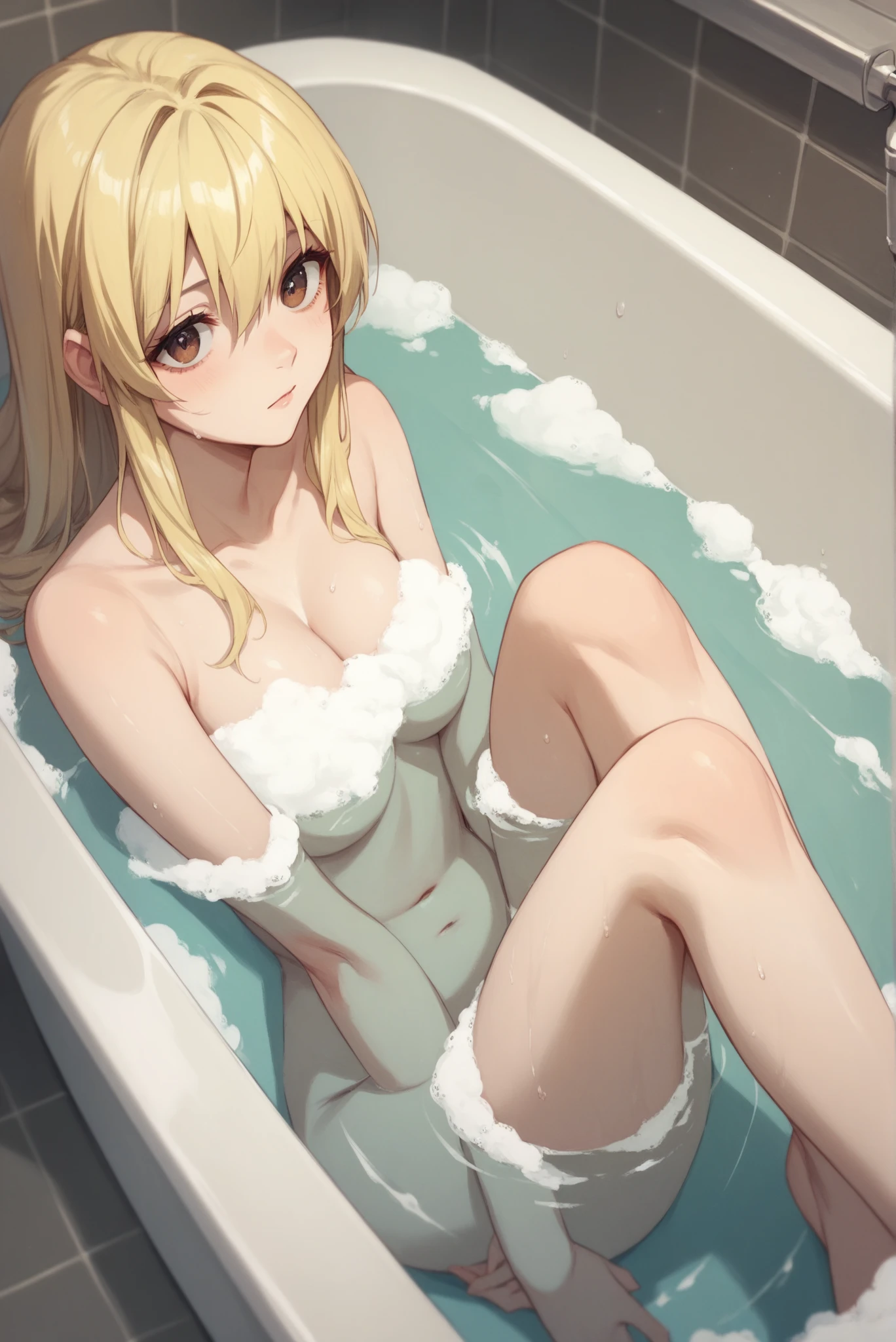 (8K, Realistic, Photorealsitic:1.5), masutepiece, Best Quality, High resolution, Extremely detailed, Detailed background, Cinematic lighting, 1 boy（10yaers old），Elementary school girl, 1 young girl，flat chest，small stature，Showing off how she washes her anus in the bath ，cream eyes，Light blonde hair, (Yellow mesh）