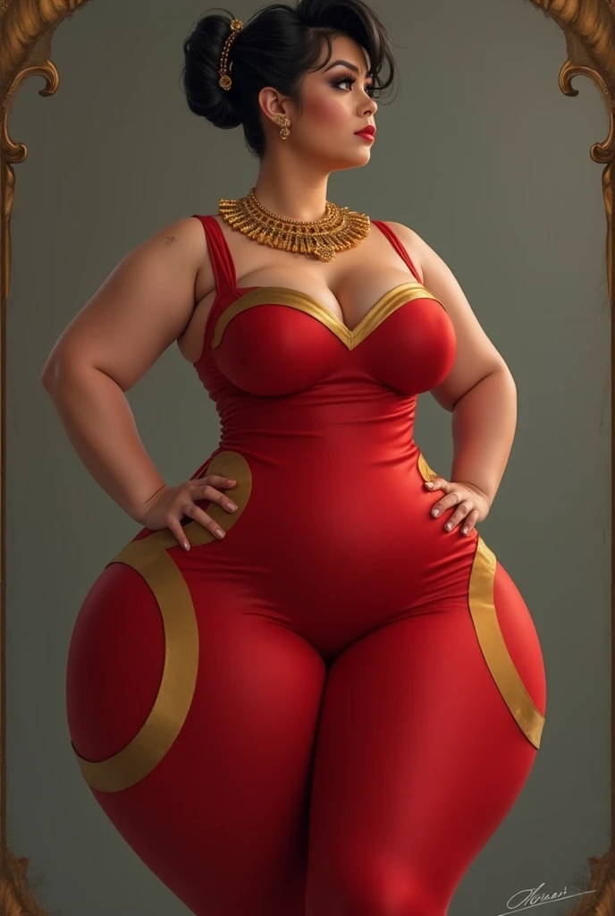 close up, ((masterpiece)),(((best quality))),((character)), ((full body view)) ((black woman)) ((bowl haircut)) ((seductive pose)) mature face, defined cheekbones, high cheekbones, illustration, girl, muscular, (bowl hair cut:1.4)), sexy bimbo, (gigantic breasts:1.4) black hair, ((detailed face:1.4)) beautiful woman, (orange leotard:1.4), (gold hoop earrings:1.6), (thighhigh:1.4) (red lipstick:1.3) , shiny skin, scribbles and marks,(puffy lips:1.5) , rough sketches, 8k,16k, (simple background, white background: 1.3), orange legs, orange arms, (brown face:1.5), ((fighting pose))