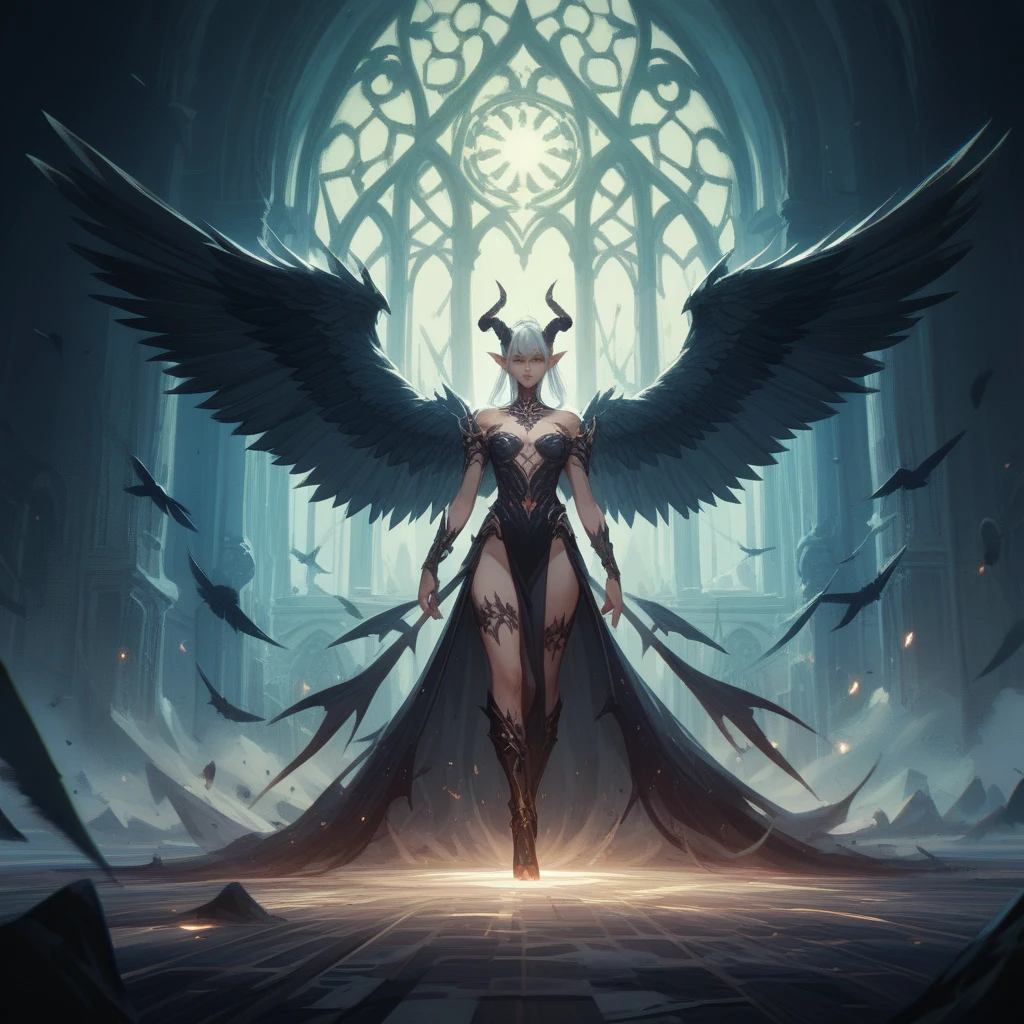 "Photorealistic image, cyborg succubus with ((white Glossy plastic skin)), glossy and reflective surface, ((white demon wings)), rule of thirds composition, golden hour lighting, Inside Cathedral, high contrast,cyborg,dynamic Angle,Full Body
