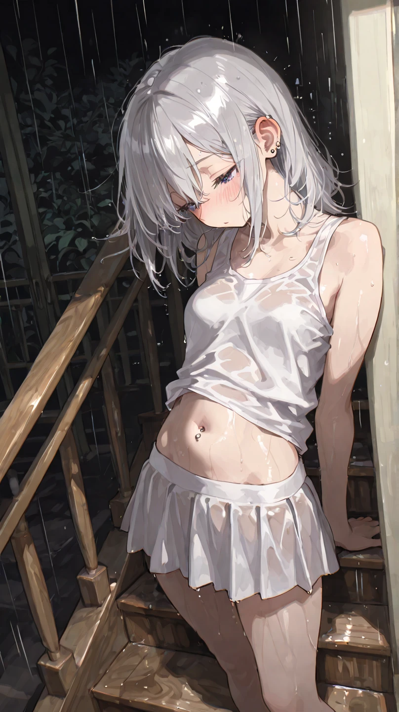 1 girl, single, blue sky, (((wet white shirt)))), ((no bra))))), exposed shoulders and entire navel, no pants, ((((wet thin line thong panties)))), almost completely naked, nsfw, panties almost transparent, (((delicate private details)), (((thin line thong panties))))
