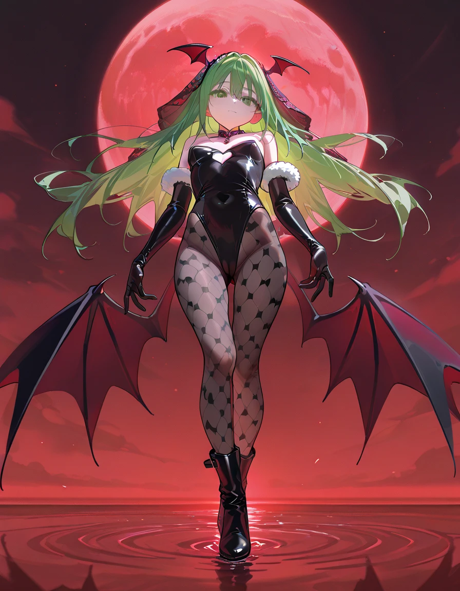 masterpiece, best quality, vampire_(game), morrigan_aensland, 1girl, bikini, black_leotard, black_slingshot_swimsuit, blue_sky, breasts, cleavage, collarbone, contrapposto, demon_girl, green_eyes, green_hair, halloween_dare_succubus_lingerie, large_breasts, leotard, long_hair, looking_at_viewer, pants, sky, slingshot_swimsuit, solo, swimsuit, thighs