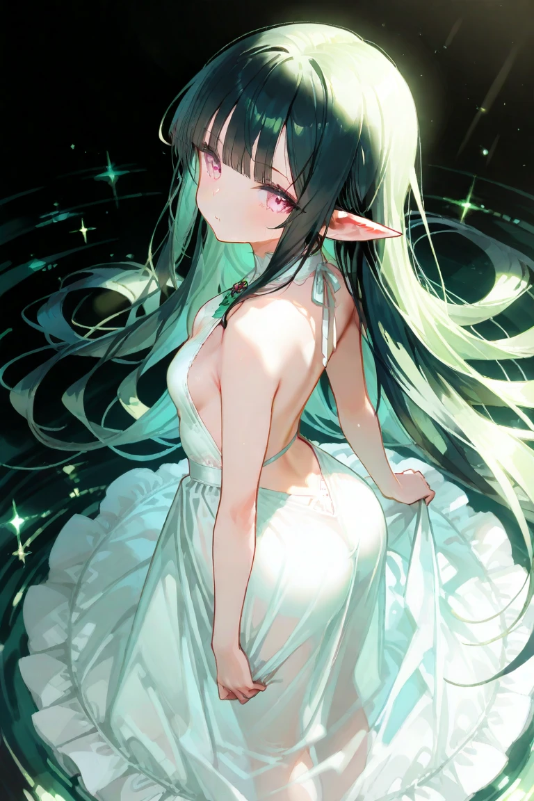 (masterpiece, highest resolution,highest quality ), 1 elven girl, ( bare breasts, thigh), (aqua hair, twin tails ,very long hair , floating hair ), full body, hand on hip ,hair between eyes, multi colored hair, hair flower ornament ,(blush, smile, close eyes), close mouth, summer dress, white dress , strapless dress, (Open the front of the dress chest very wide), large breasts, pointed ears, ((simple background, black background))