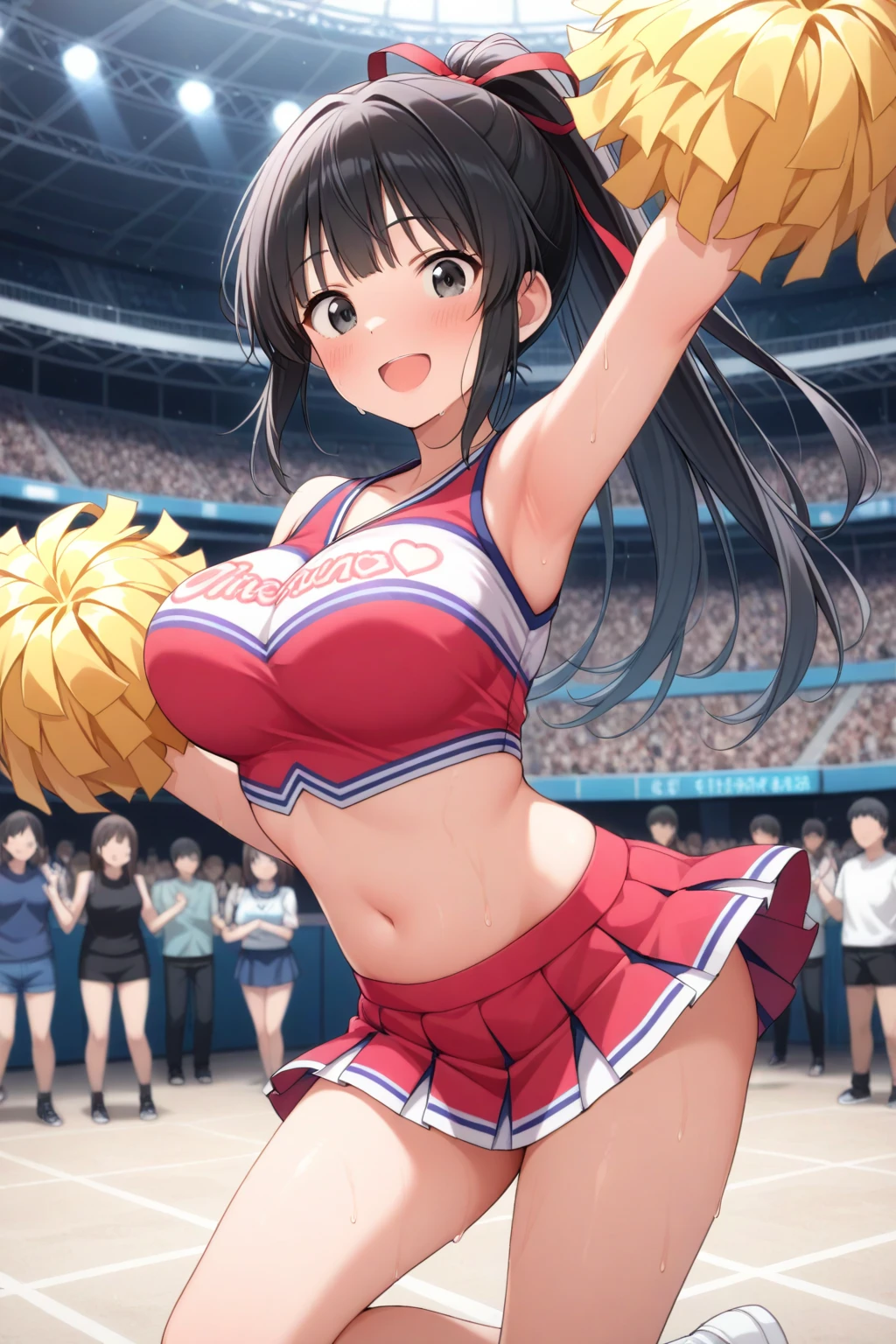 nsfw:1.5,(Ultra flat, Flat Shading), Honors Type, Really blushing, 17 years old, (Cheerleading match:1.5), Wear White (High cut T-back bikini swimwear:1.5), Wedge Shape:1.5, Camel Toe:1.7, Sneakers, Ponytail Brown Hair, Sweaty healthy body, ローションと汗でwhole bodyびしょ濡れ, barefoot, belly button, Ultra-realistic, Wind, In crowded public places, Jump:1.5、Jumping、(bare breasts:1.5)、((showing off nipples:1.5))、Underhow off nipple:1.5)、(bra lift:1.5)、whole body、(Huge Breasts:1.5)